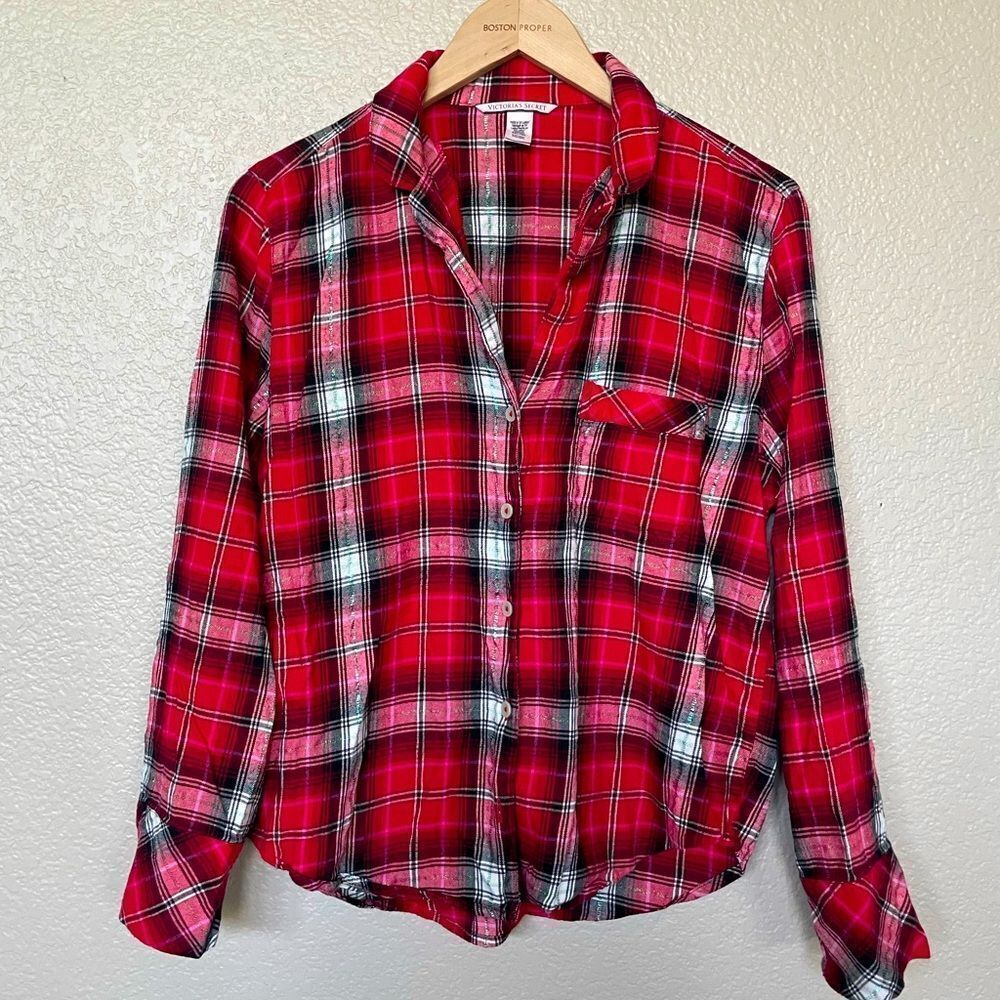 Victoria’s Secret Red Pink Plaid Holiday Sleep PJ Pajama Top S
